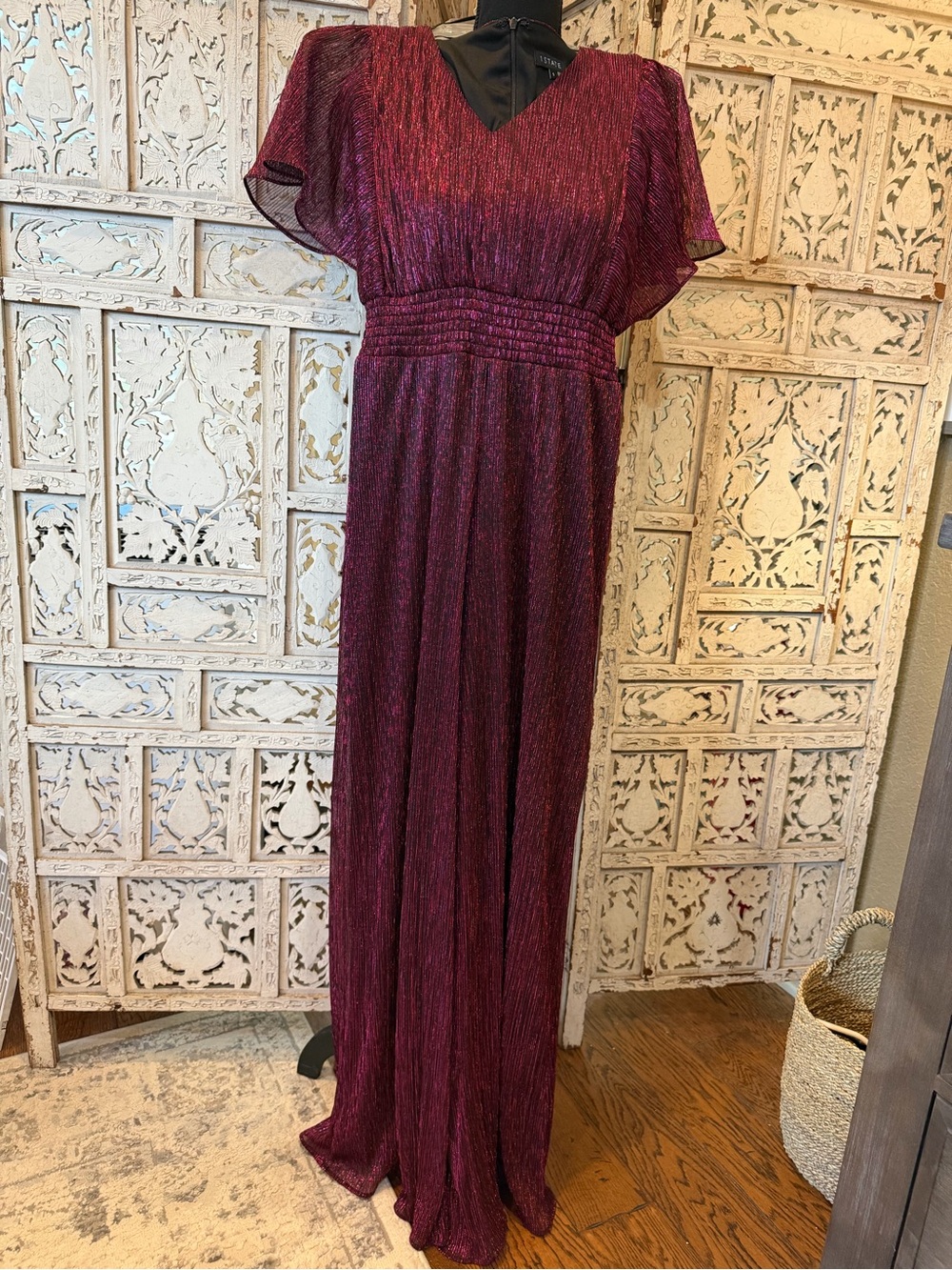 1. State Metallic Plum Maxi Jumpsuit with Flutter Sleeves